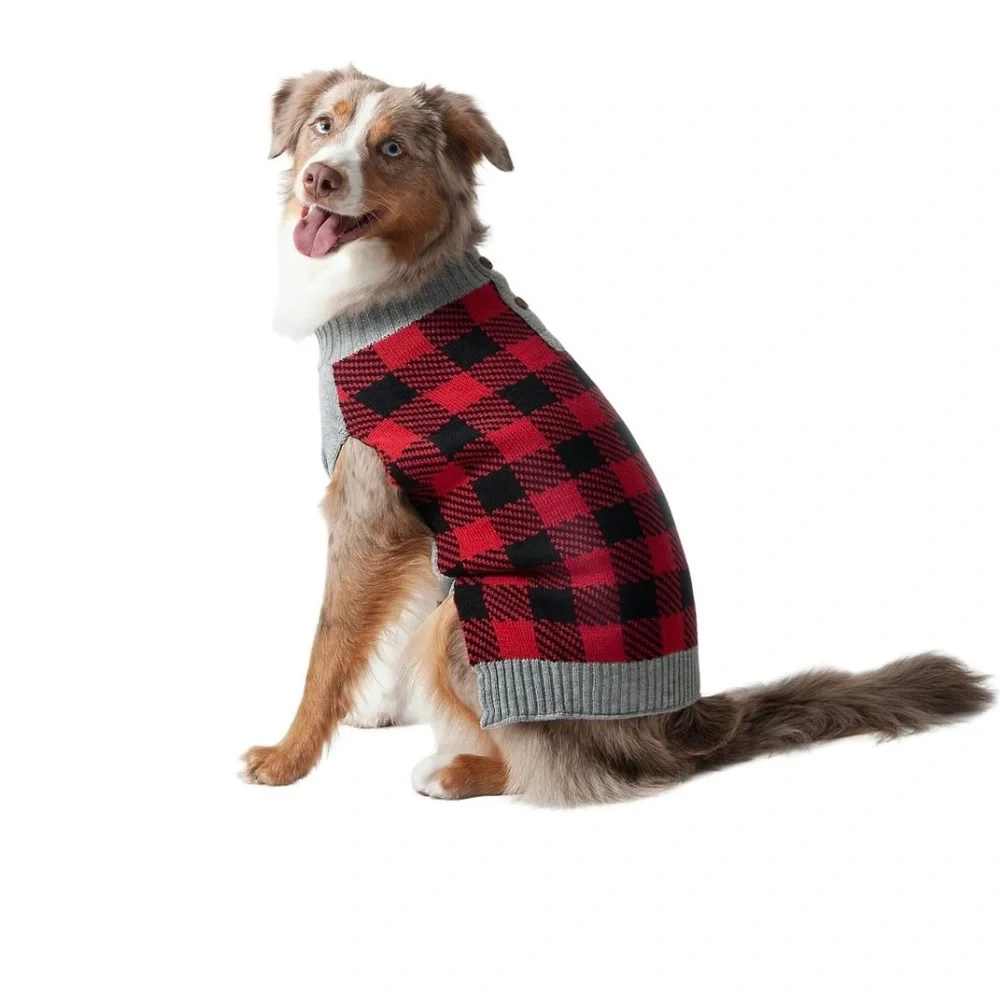 Dog/cat/pet sweater buffalo red black plaid Small 13in back length.